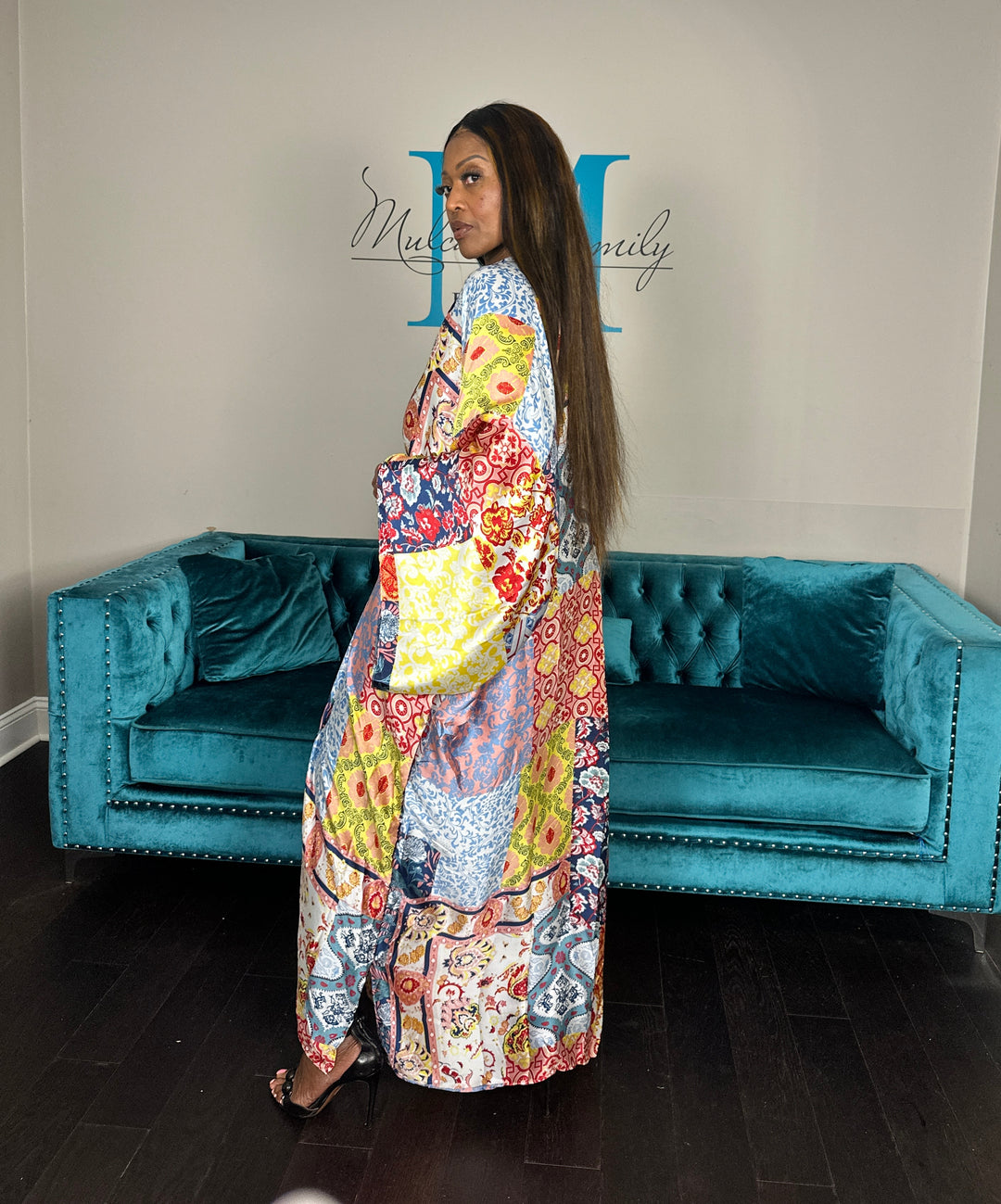 Peru Satin Open Front Long Kimono - Light Blue Yellow Red Blend Ships 6/12