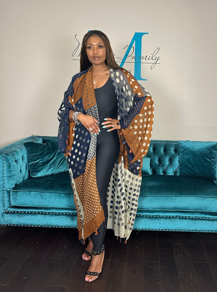 Martha's Vineyard  Polka Dot Open Front Long Kimono - Brown Cream Navy Blend Ships 6/12