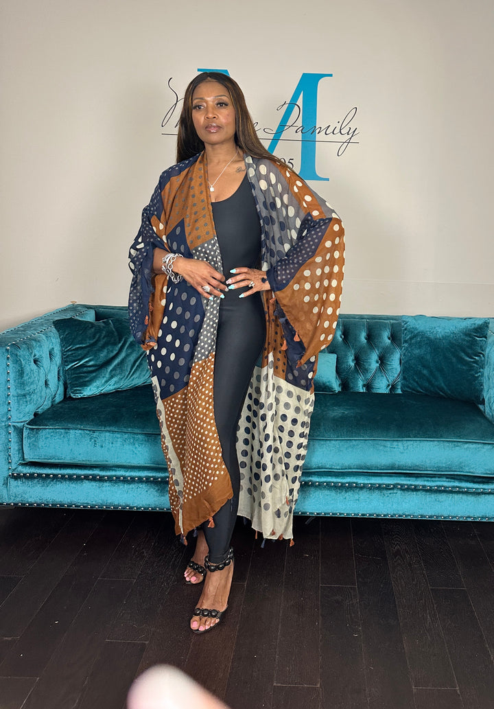 Martha's Vineyard  Polka Dot Open Front Long Kimono - Brown Cream Navy Blend Ships 6/12