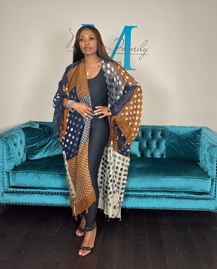 Martha's Vineyard  Polka Dot Open Front Long Kimono - Brown Cream Navy Blend Ships 6/12