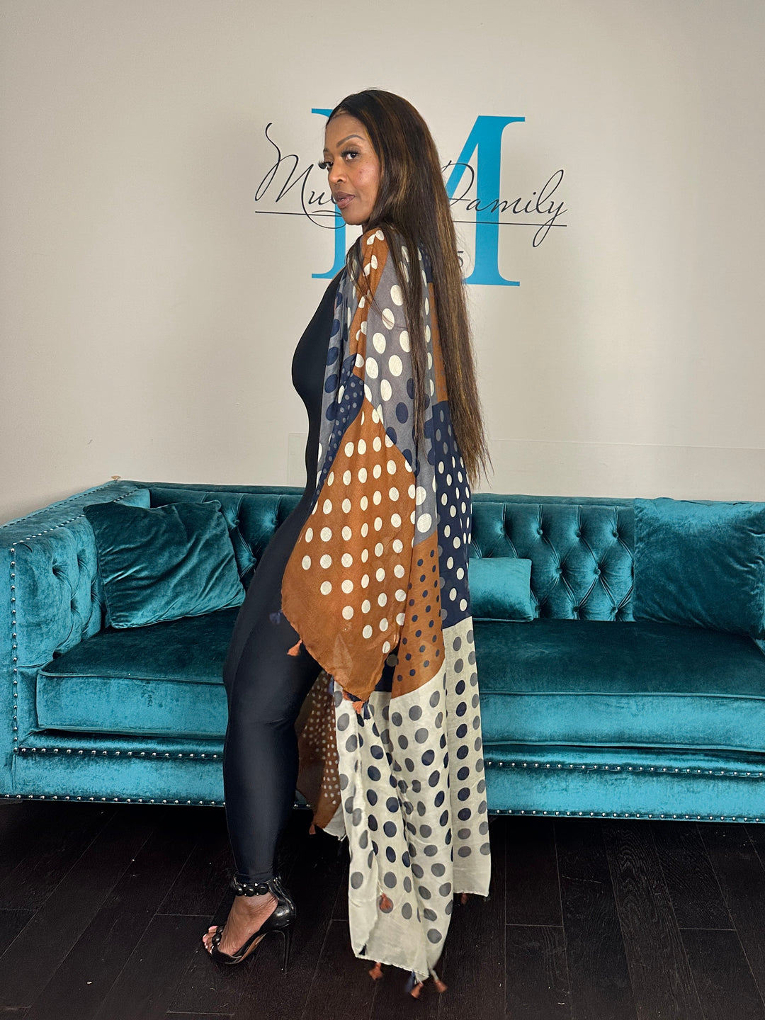 Martha's Vineyard  Polka Dot Open Front Long Kimono - Brown Cream Navy Blend Ships 6/12