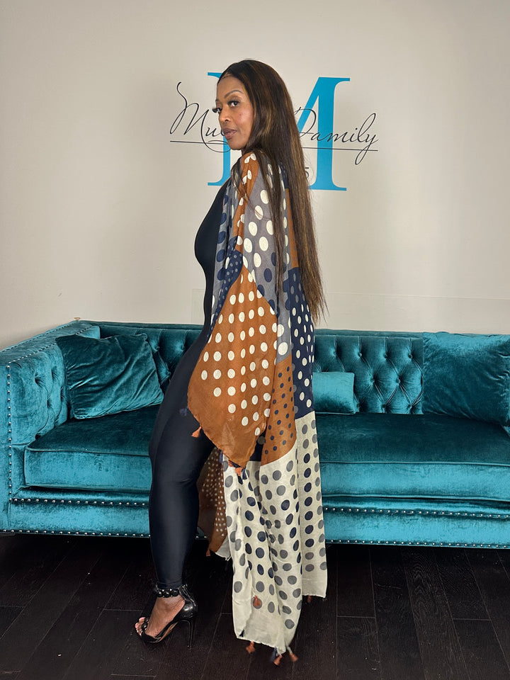Martha's Vineyard  Polka Dot Open Front Long Kimono - Brown Cream Navy Blend Ships 6/12