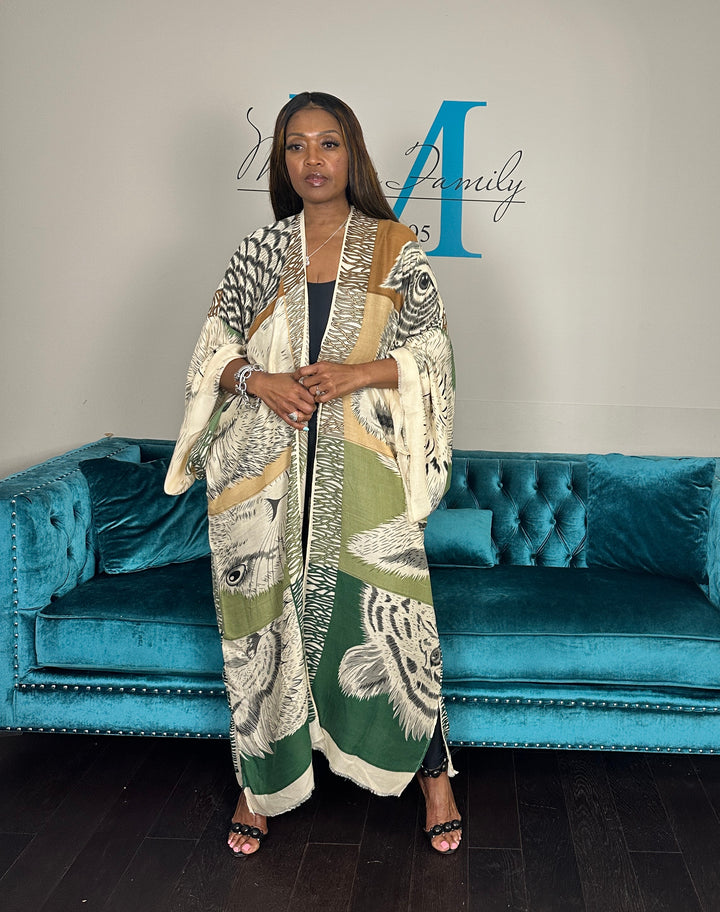 Johannesburg Open Front Kimono Long Kimono - Tan Olive Emerald Green Blend Ships 6/12