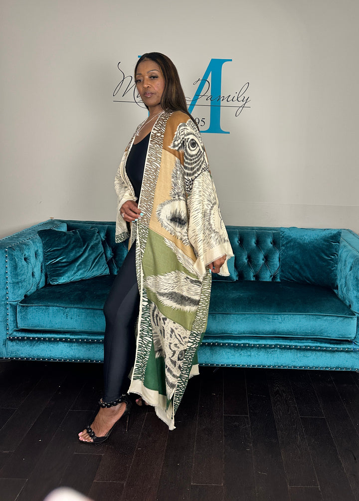 Johannesburg Open Front Kimono Long Kimono - Tan Olive Emerald Green Blend Ships 6/12