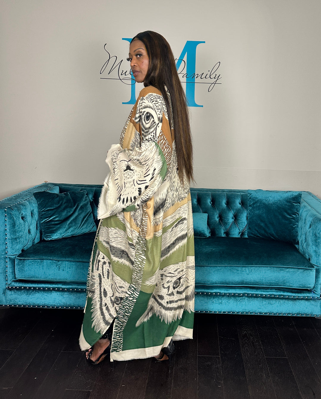 Johannesburg Open Front Kimono Long Kimono - Tan Olive Emerald Green Blend Ships 6/12