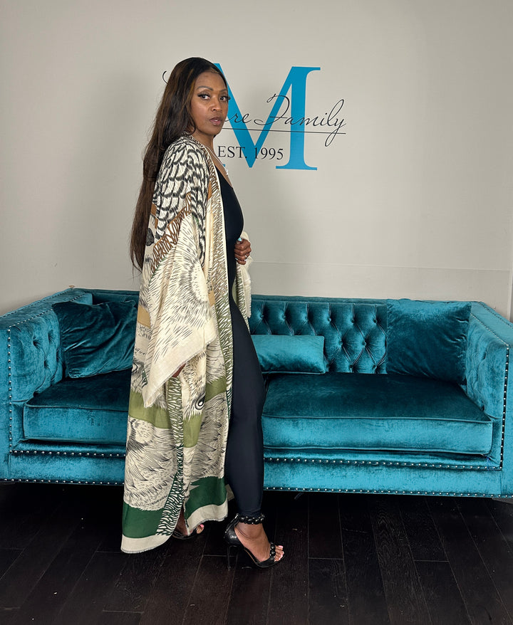 Johannesburg Open Front Kimono Long Kimono - Tan Olive Emerald Green Blend Ships 6/12