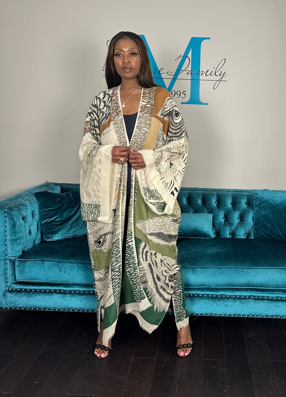 Johannesburg Open Front Kimono Long Kimono - Tan Olive Emerald Green Blend Ships 6/12