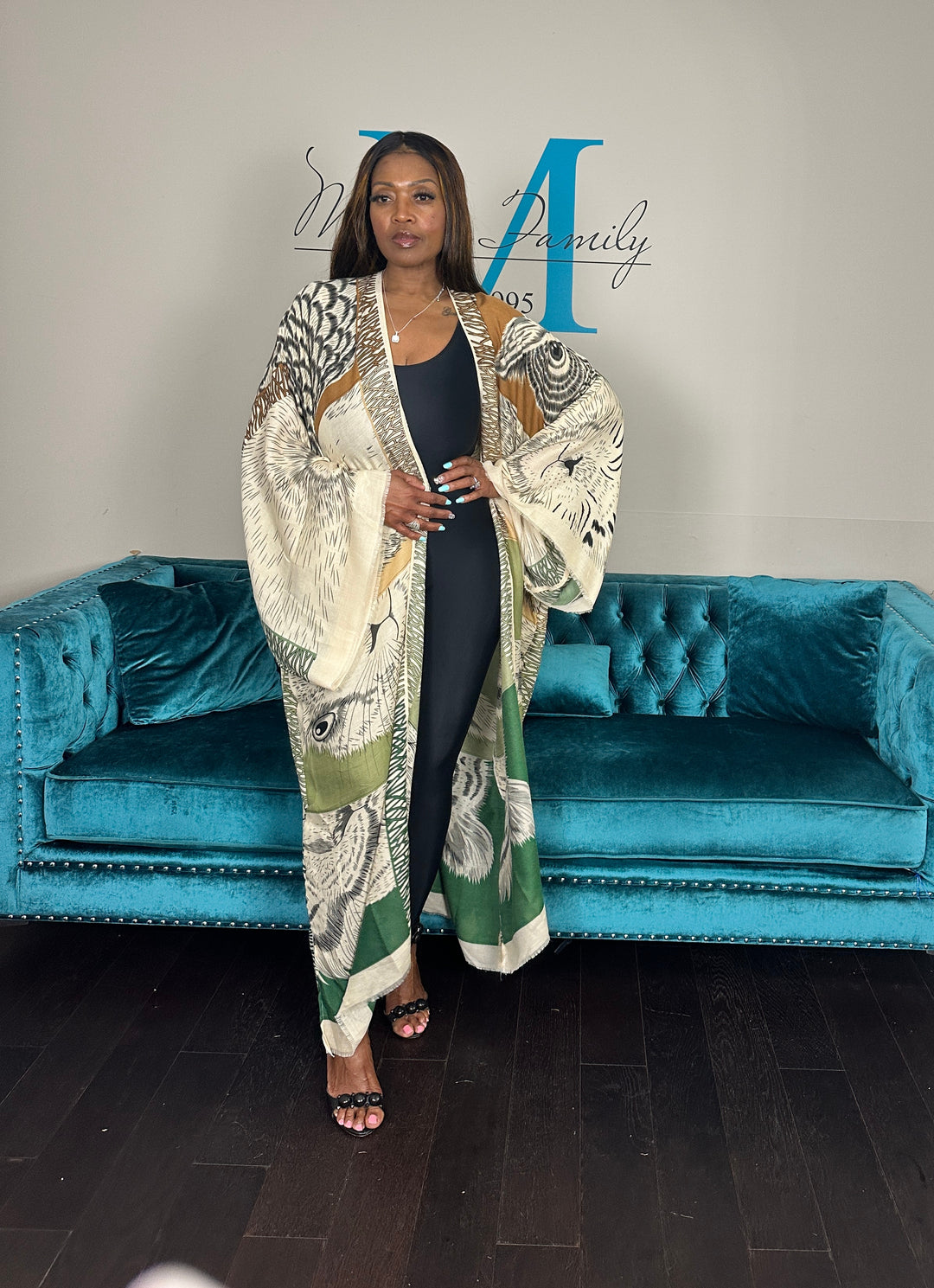 Johannesburg Open Front Kimono Long Kimono - Tan Olive Emerald Green Blend Ships 6/12