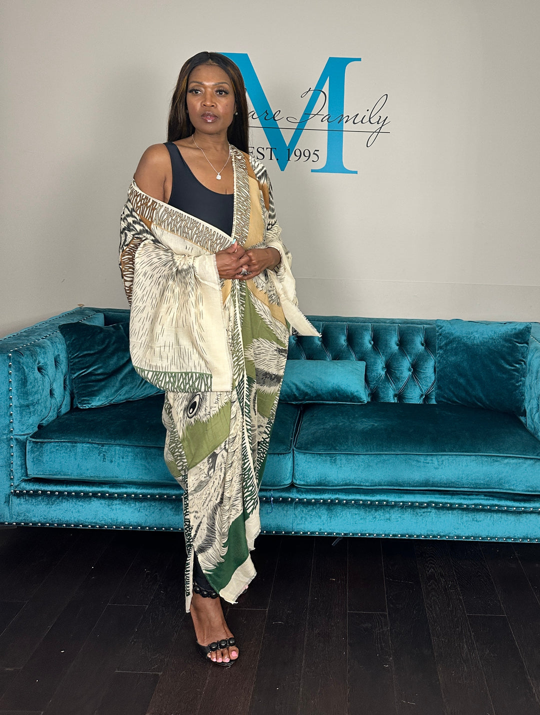 Johannesburg Open Front Kimono Long Kimono - Tan Olive Emerald Green Blend Ships 6/12