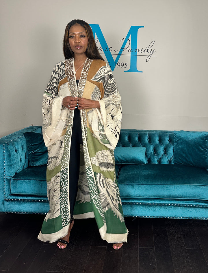 Johannesburg Open Front Kimono Long Kimono - Tan Olive Emerald Green Blend Ships 6/12