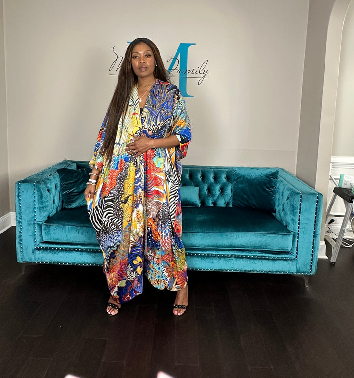 Serengeti Satin Open Front Kimono Long Kimono - Royal Blue Yellow Black Zebra Blend Ships 6/12