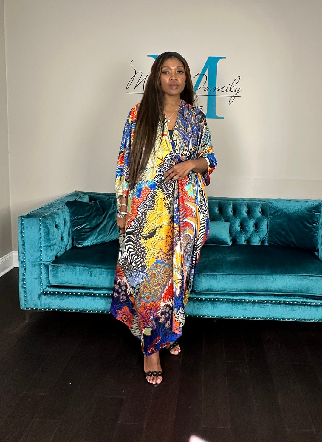 Serengeti Satin Open Front Kimono Long Kimono - Royal Blue Yellow Black Zebra Blend Ships 6/12