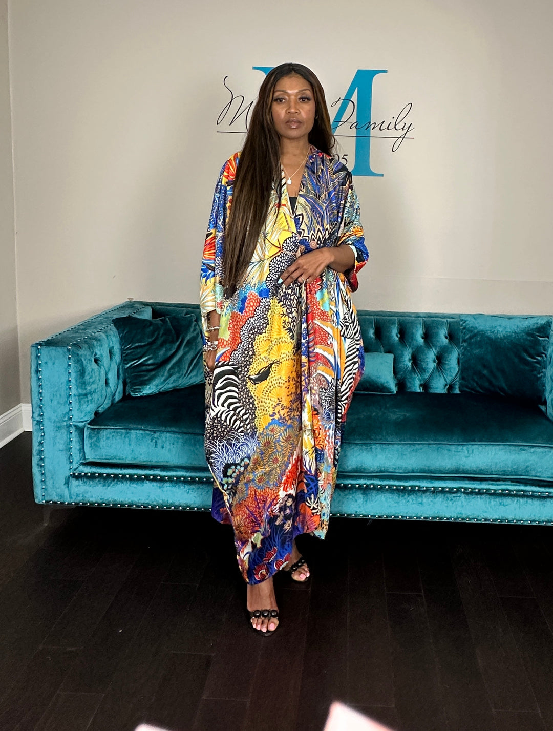 Serengeti Satin Open Front Kimono Long Kimono - Royal Blue Yellow Black Zebra Blend Ships 6/12