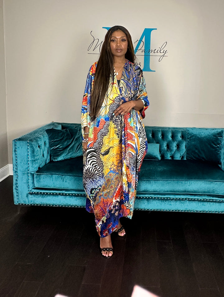 Serengeti Satin Open Front Kimono Long Kimono - Royal Blue Yellow Black Zebra Blend Ships 6/12