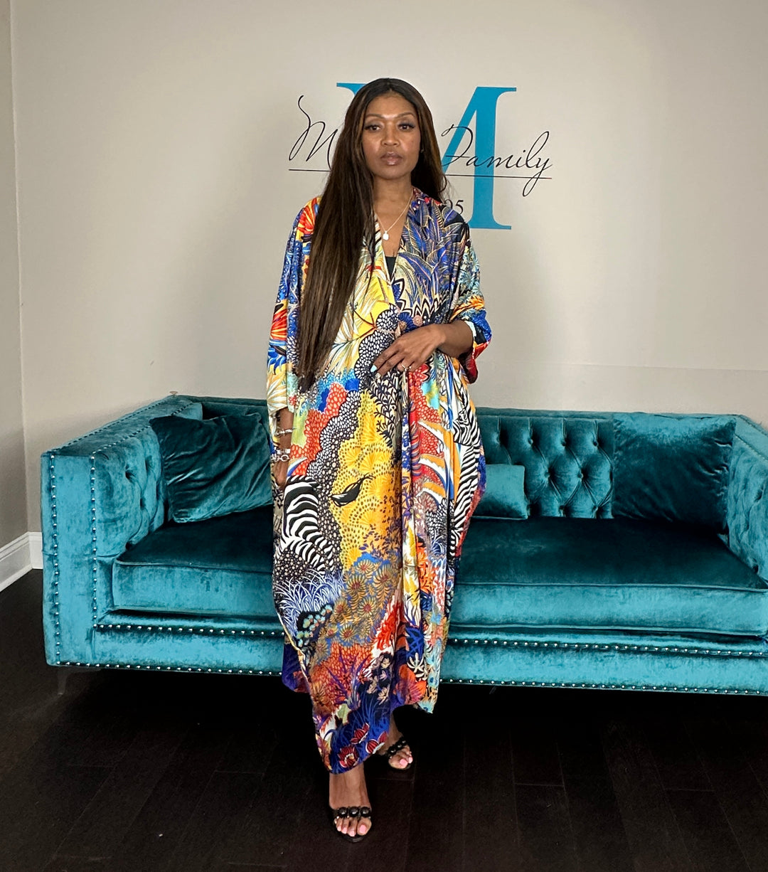 Serengeti Satin Open Front Kimono Long Kimono - Royal Blue Yellow Black Zebra Blend Ships 6/12