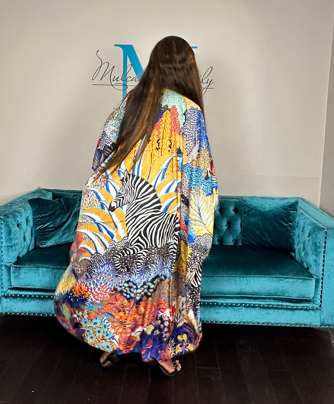 Serengeti Satin Open Front Kimono Long Kimono - Royal Blue Yellow Black Zebra Blend Ships 6/12