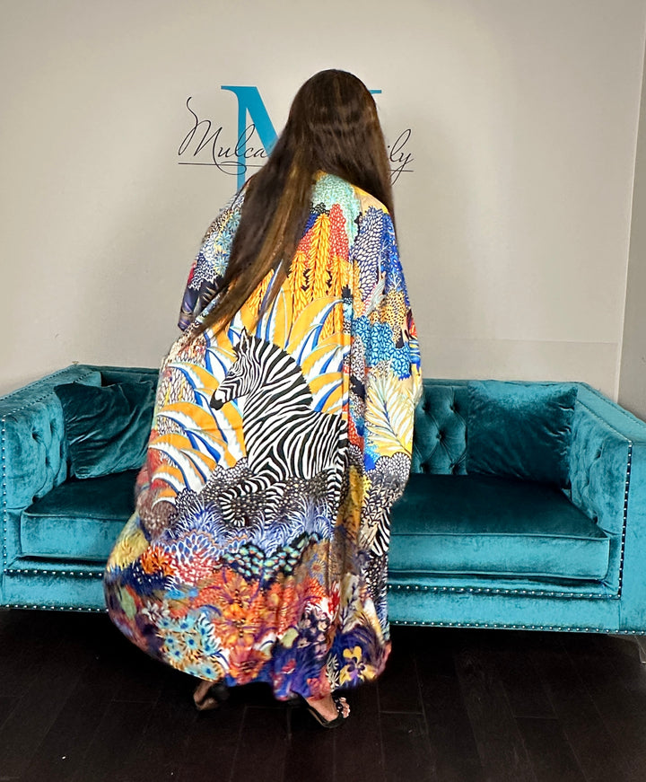 Serengeti Satin Open Front Kimono Long Kimono - Royal Blue Yellow Black Zebra Blend Ships 6/12