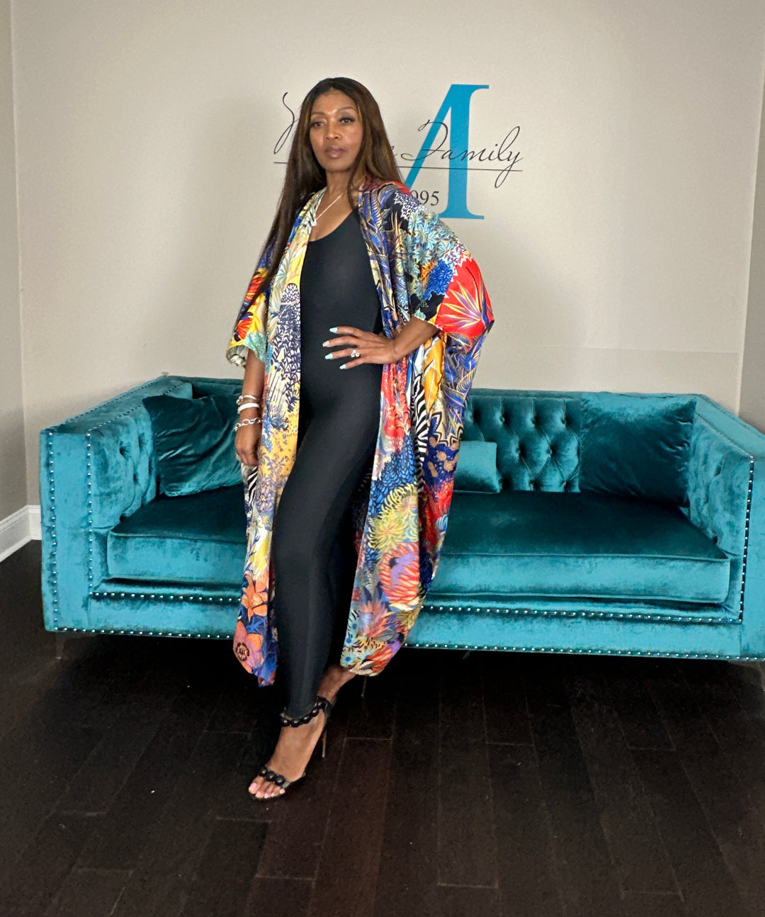 Serengeti Satin Open Front Kimono Long Kimono - Royal Blue Yellow Black Zebra Blend Ships 6/12