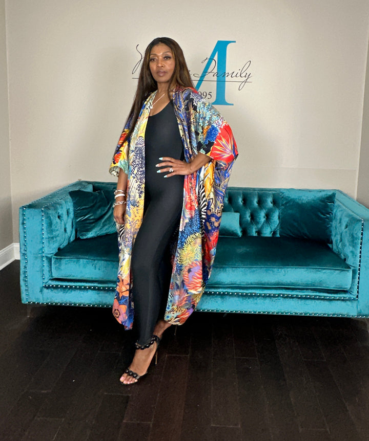 Serengeti Satin Open Front Kimono Long Kimono - Royal Blue Yellow Black Zebra Blend Ships 6/12