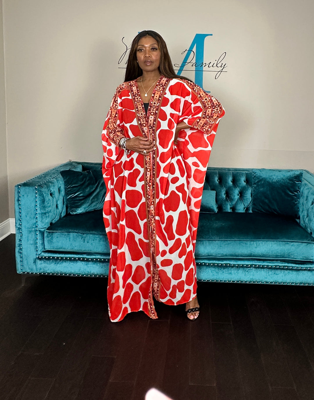 Amsterdam Satin Open Front Kimono Long Kimono - Red White Blend Ships 6/12