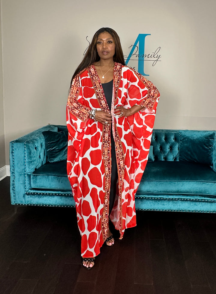 Amsterdam Satin Open Front Kimono Long Kimono - Red White Blend Ships 6/12