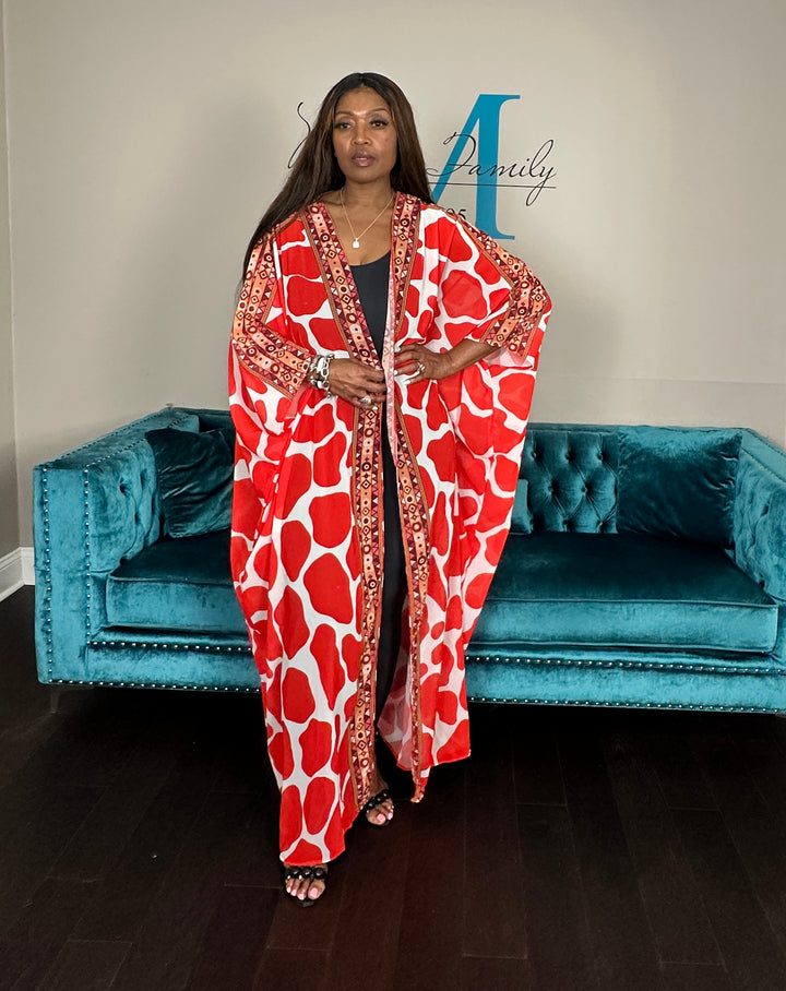 Amsterdam Satin Open Front Kimono Long Kimono - Red White Blend Ships 6/12
