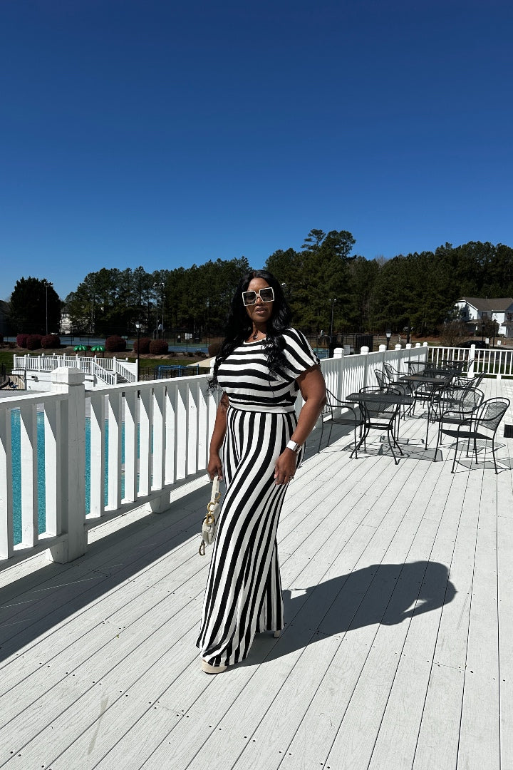 Black And White Striped Flowy Wide Leg Jumpsuit