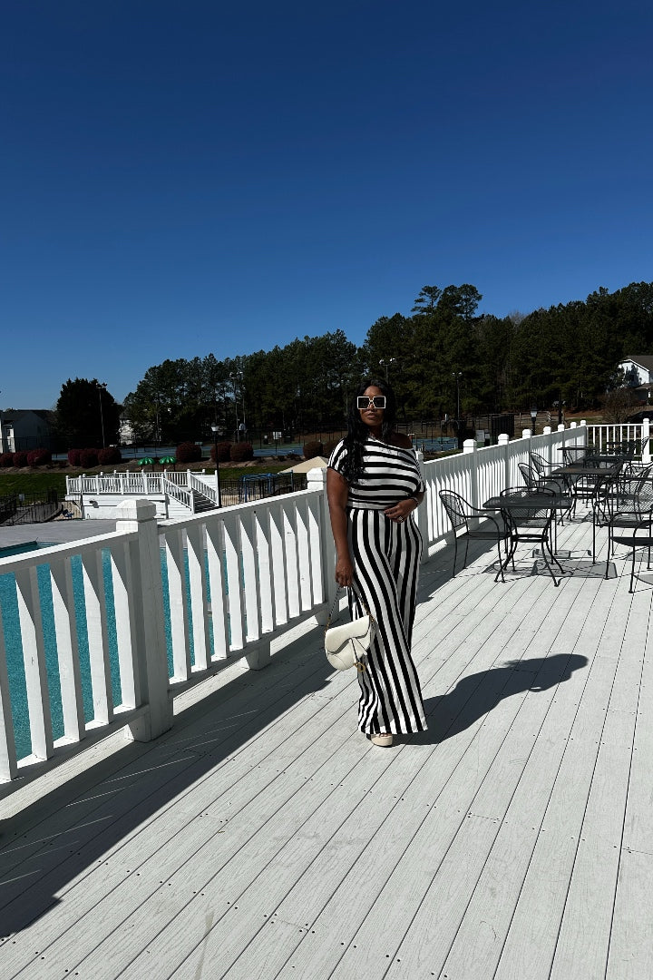 Black And White Striped Flowy Wide Leg Jumpsuit