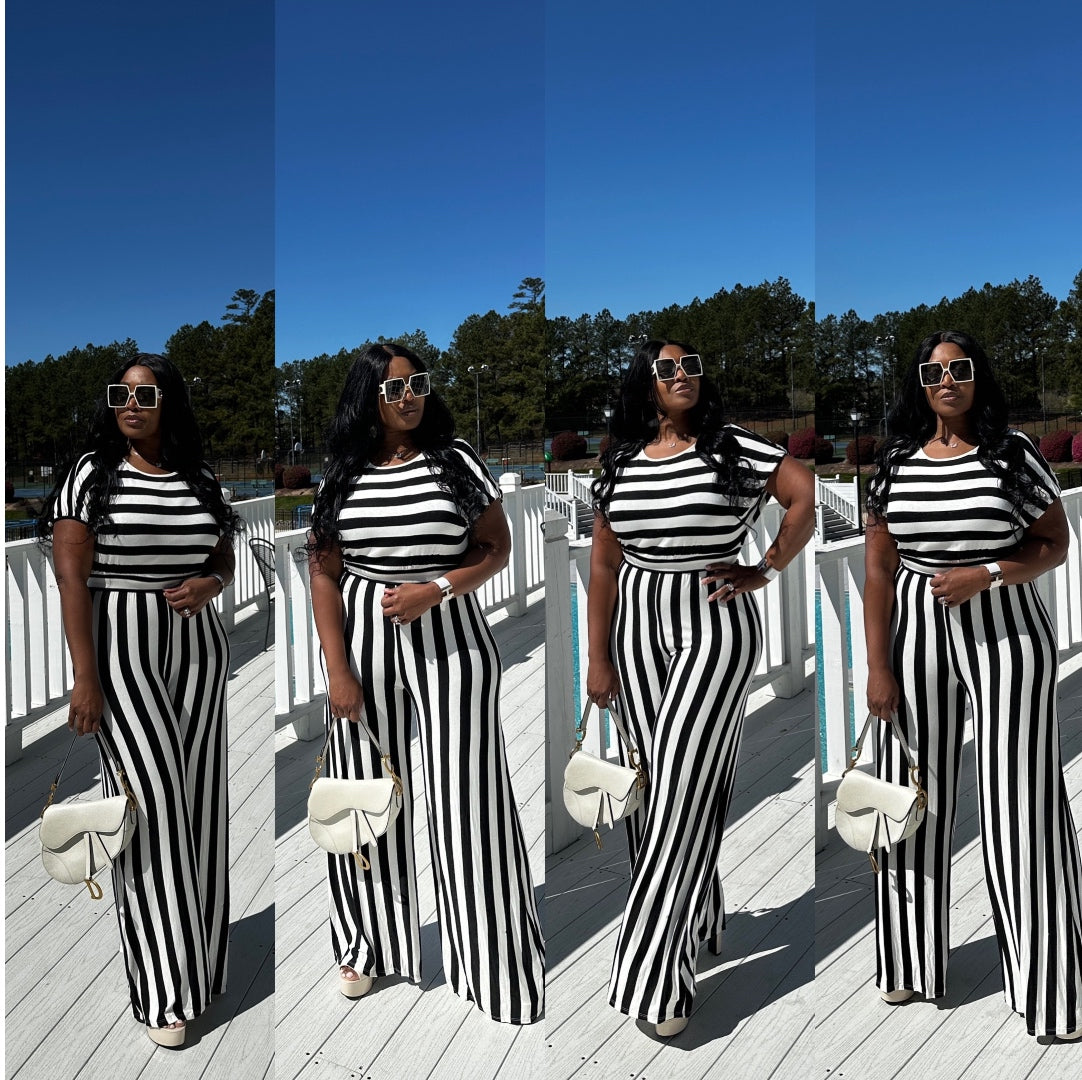 Black and white striped wide leg jumpsuit online