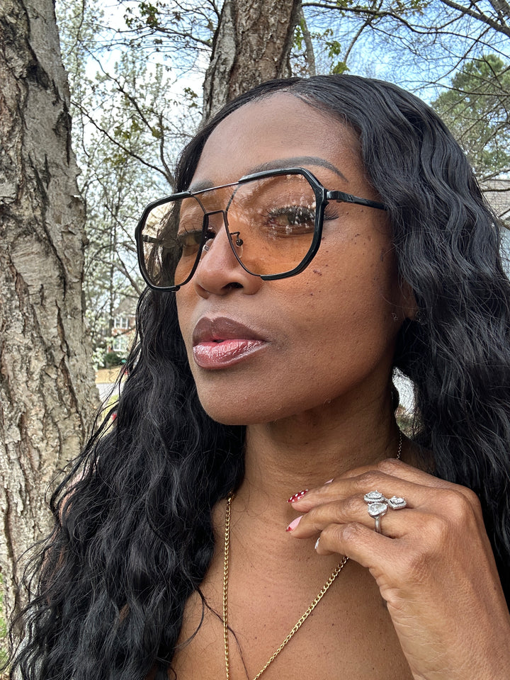 Fashion Brown Aviator Oversize Sunglasses - Black Metal Brown lens