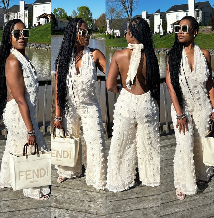 Feels Like Summer Open Back Embellished Jumpsuit - Cream