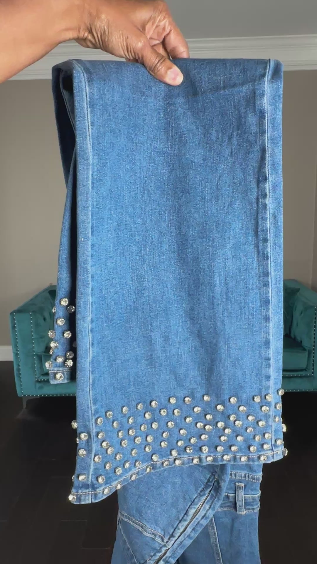 NEW Strapless Denim Rhinestone Cuffed Romper