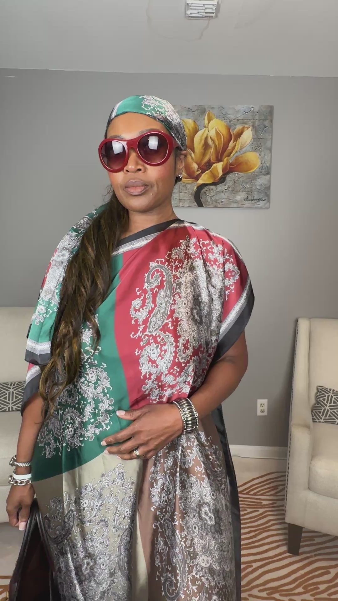 Vacation Vibes Kaftan Maxi Dress with Matching Scarf  -  Black White Silver Turquoise Blend