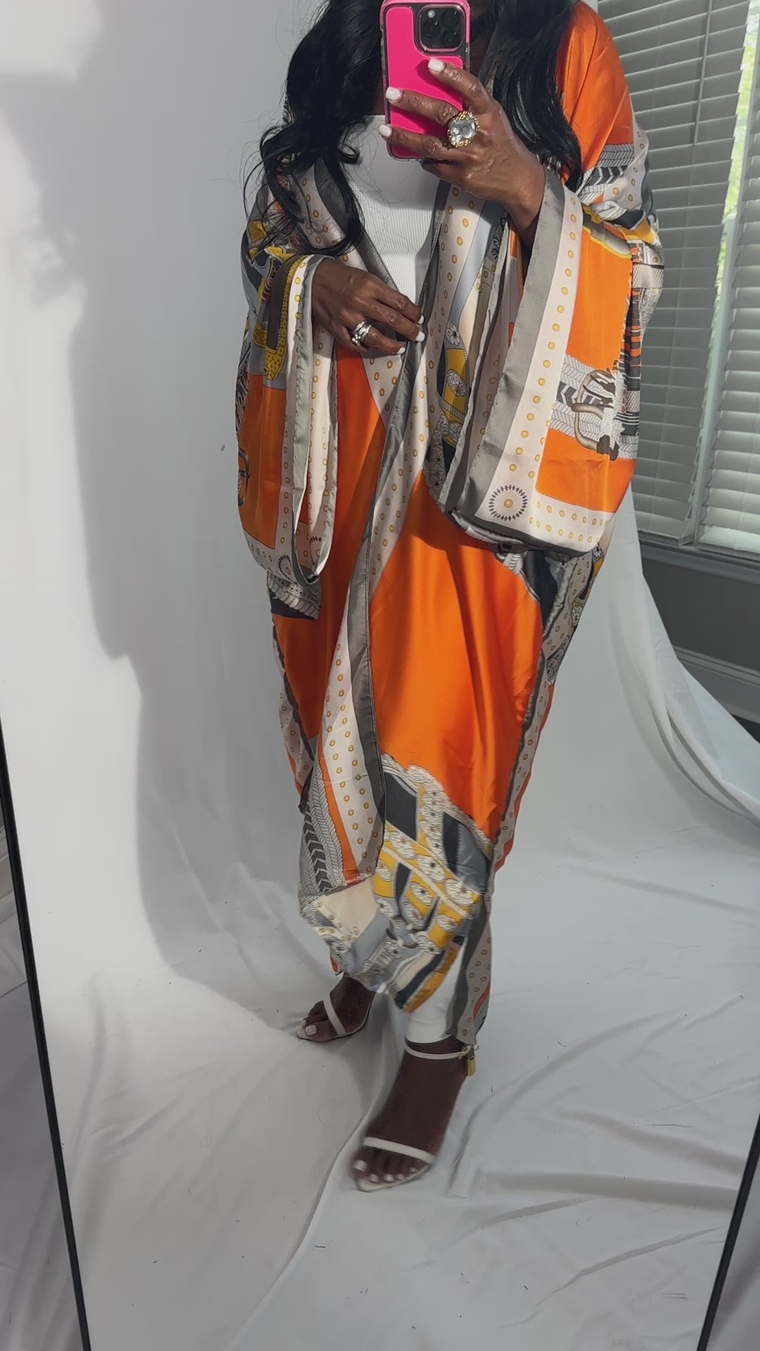 Lisbon Satin Open Front Kimono Long Kimono - Orange Silver Bronze Blend  Ships 10/28