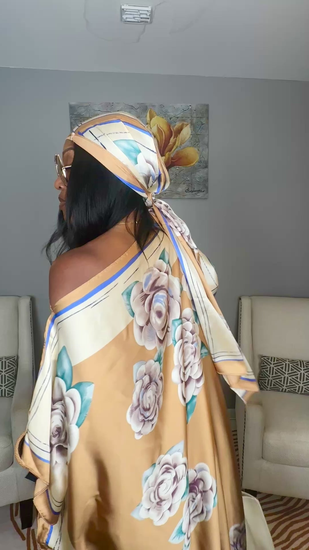 Vacation Vibes Kaftan Maxi Dress with Matching Scarf  -  Beige Cream blue Blend Ships 6/12