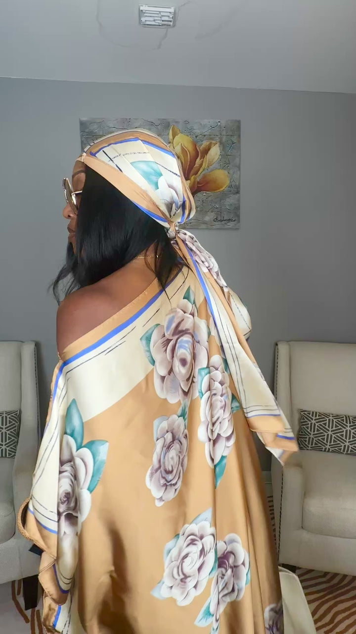 Vacation Vibes Kaftan Maxi Dress with Matching Scarf  -  Beige Cream blue Blend Ships 6/12