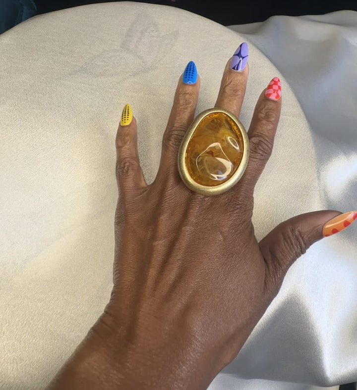 Oversized Bold Oval Stone Accent Stretch Ring - Topaz