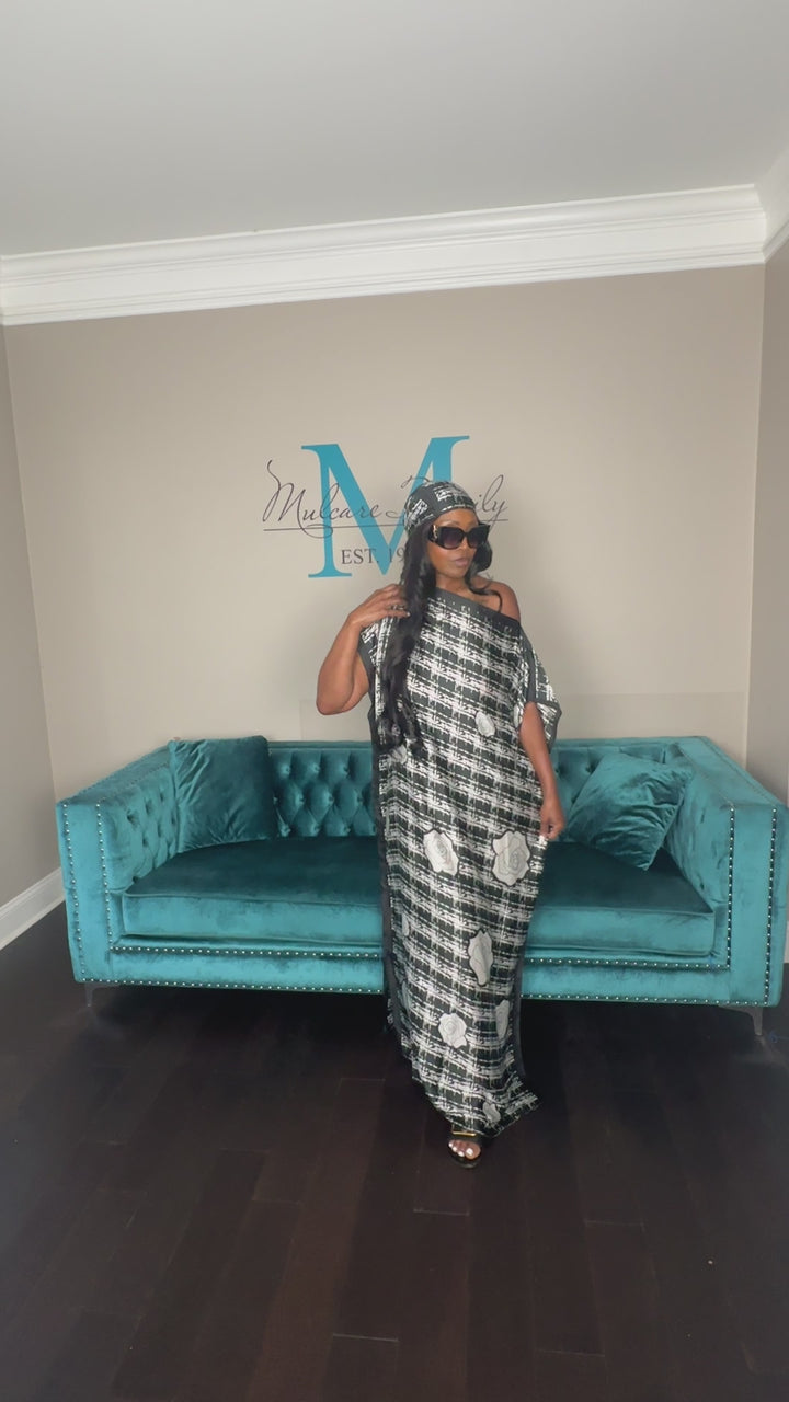 Classy & Fabulous Kaftan w/Matching Scarf  -Black & White camellia Print (Copy)