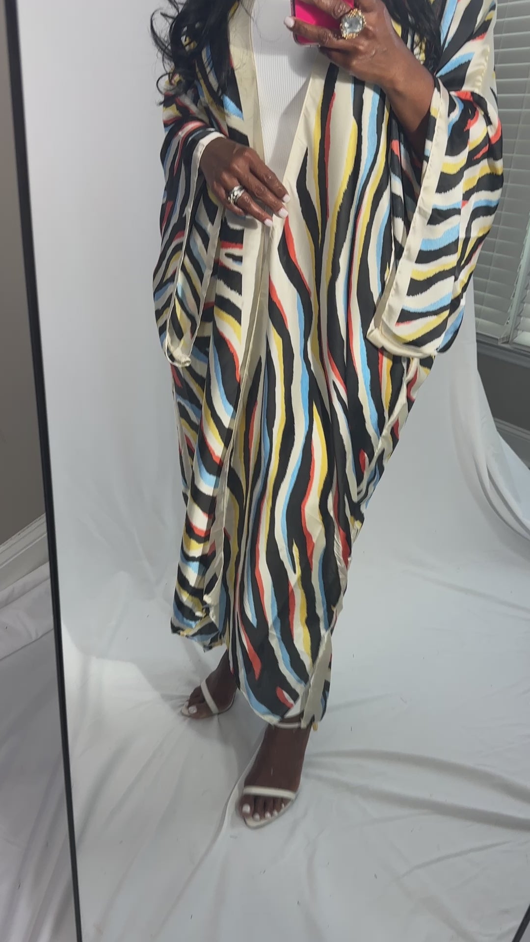 Senegal Zebra Print Satin Open Front Kimono Long Kimono - Red Blue Yellow Blend  Ships 10/28