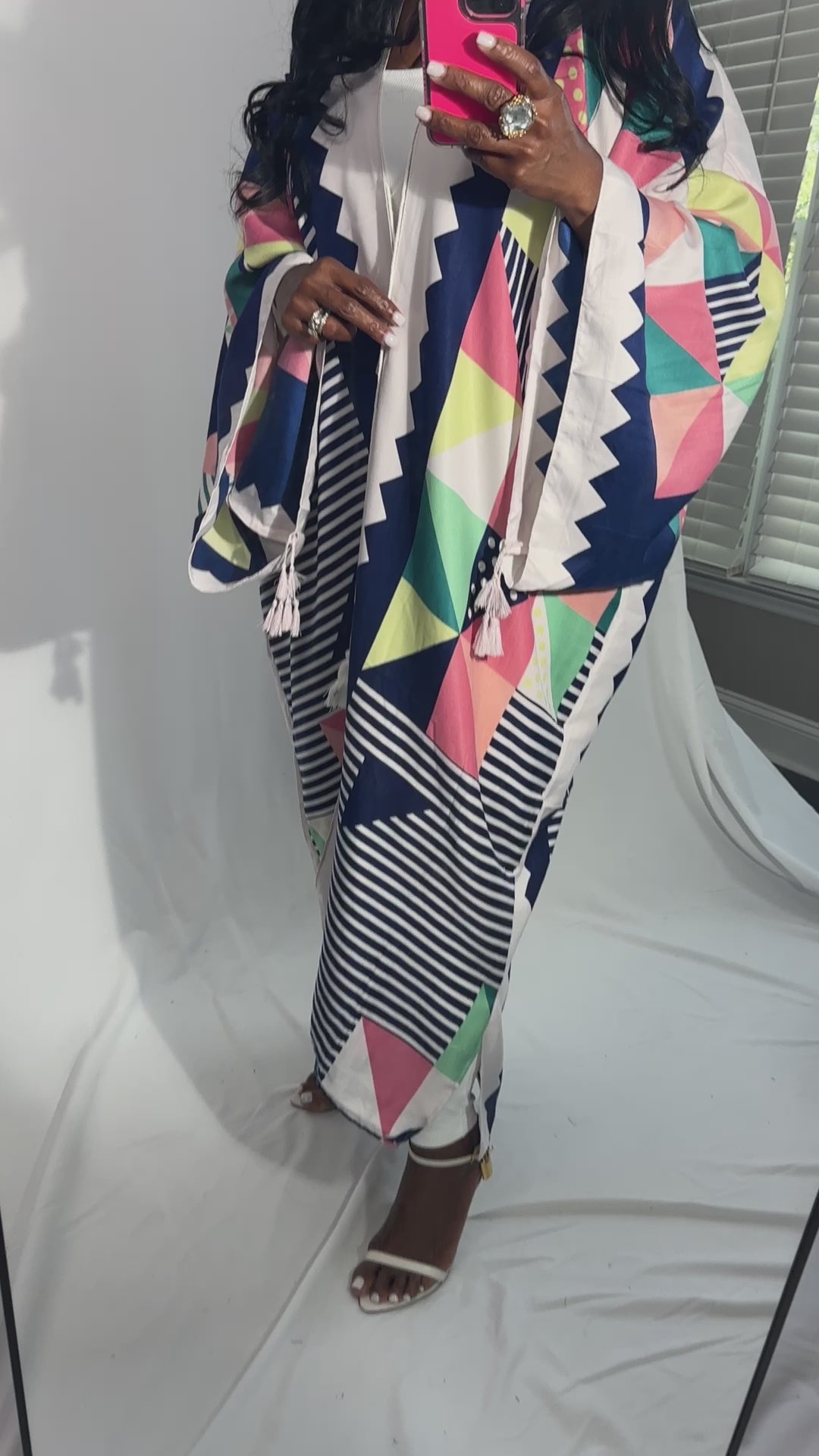 Cozumel Abstract Open Front Kimono Long Kimono - Pink Navy Green White Blend  Ships 9/20