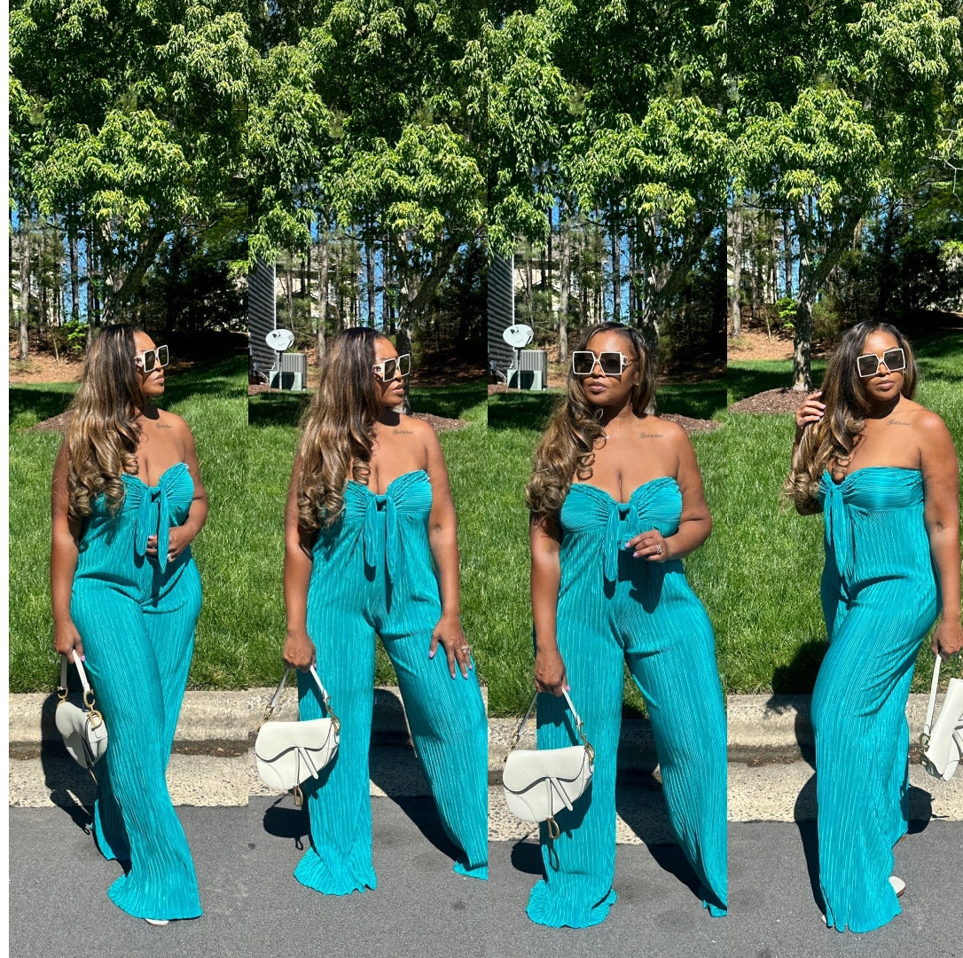 Paradise Pleated Knotted Front Strapless Jumpsuit - Turquoise