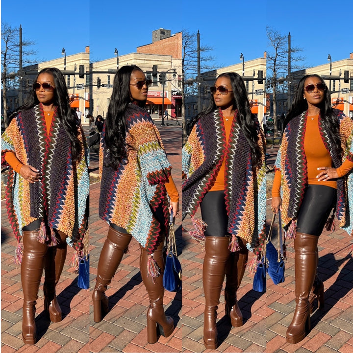 Rich Auntie Winter Open Front Poncho - Indigo Green Turquoise Olive Stripe Blend