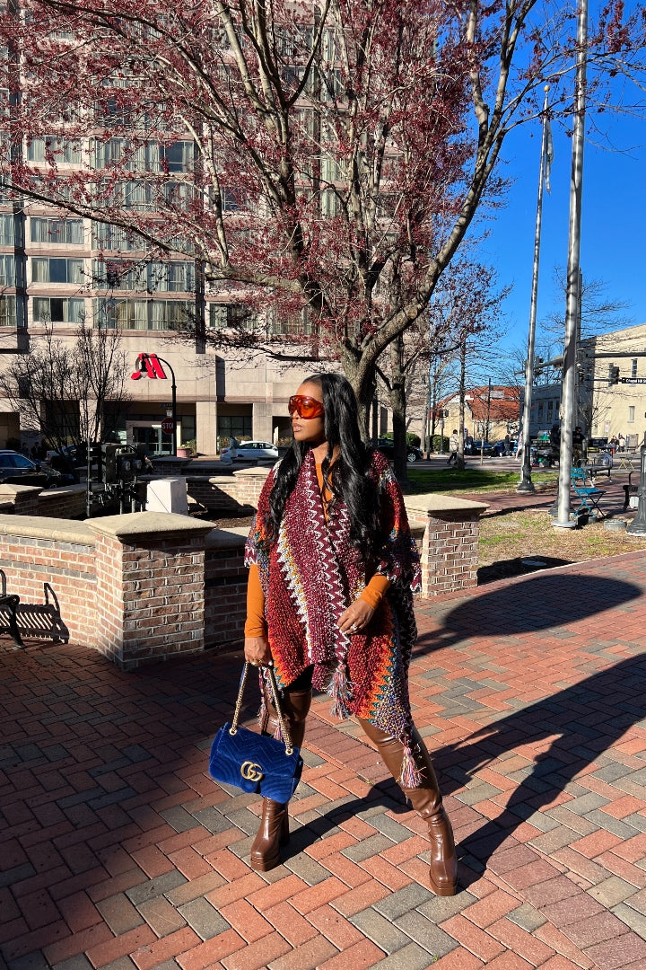 Rich Auntie Winter Open Front Poncho - Maroon Orange Green Grey Stripe Blend