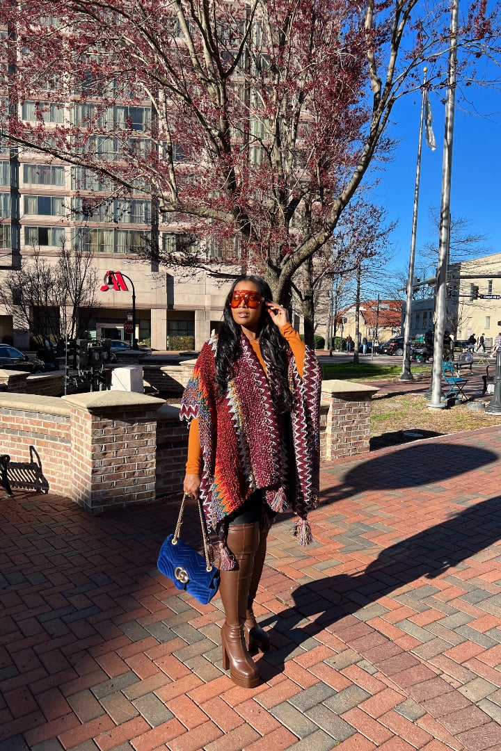 Rich Auntie Winter Open Front Poncho - Maroon Orange Green Grey Stripe Blend