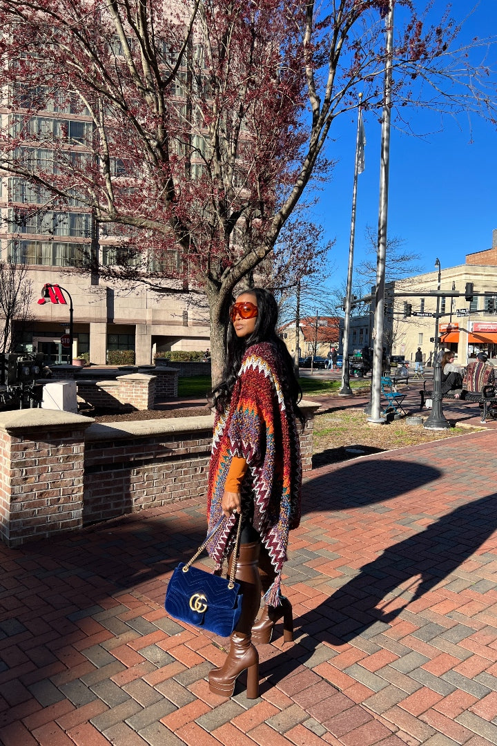 Rich Auntie Winter Open Front Poncho - Maroon Orange Green Grey Stripe Blend