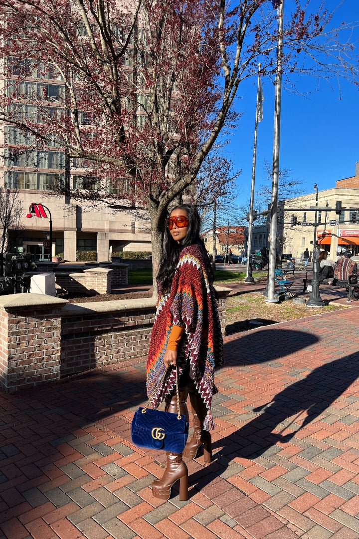 Rich Auntie Winter Open Front Poncho - Maroon Orange Green Grey Stripe Blend