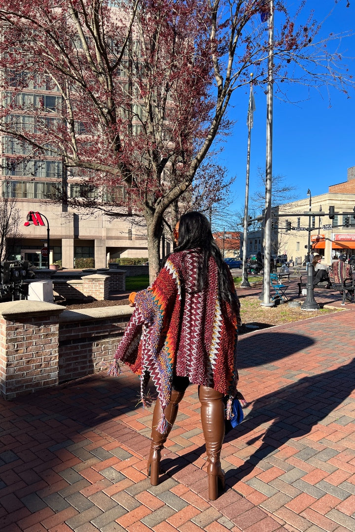 Rich Auntie Winter Open Front Poncho - Maroon Orange Green Grey Stripe Blend