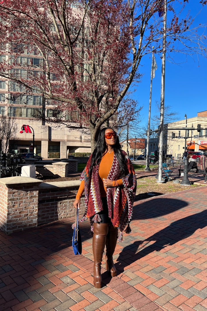 Rich Auntie Winter Open Front Poncho - Maroon Orange Green Grey Stripe Blend