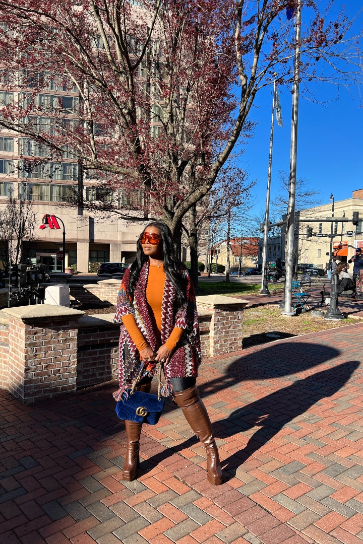 Rich Auntie Winter Open Front Poncho - Maroon Orange Green Grey Stripe Blend