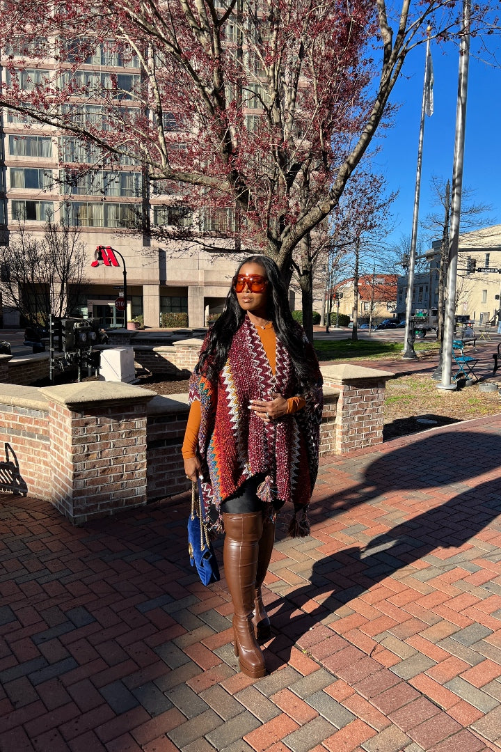 Rich Auntie Winter Open Front Poncho - Maroon Orange Green Grey Stripe Blend